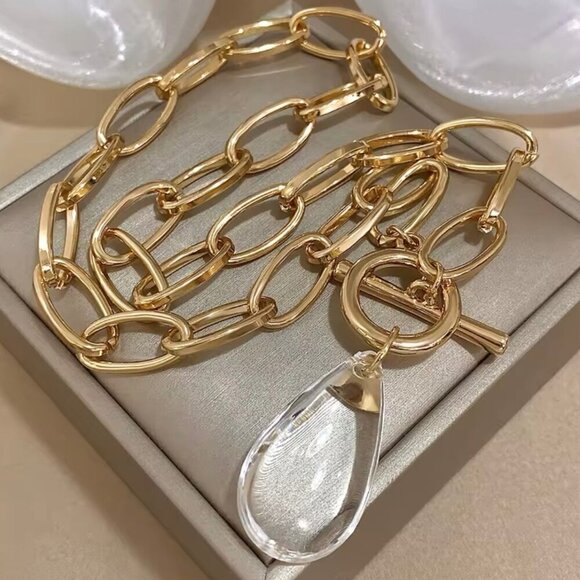 New Chunky Chain Necklace Cleat Crystal Pendant Toggle Clasp 18K Plated - Picture 3 of 9